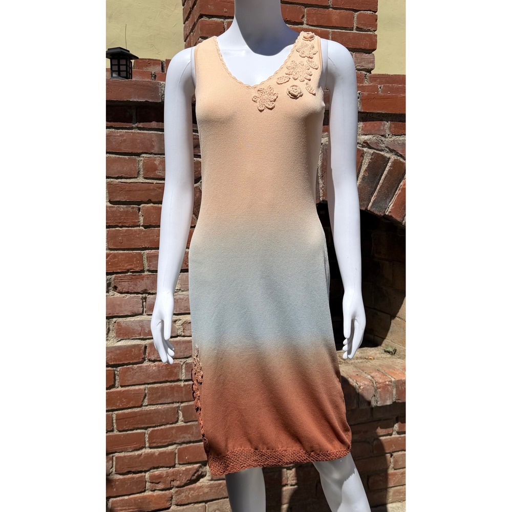 Christine‎ Phillepe Heritage Ombre Knit Dress Crochet Floral Peach Brown